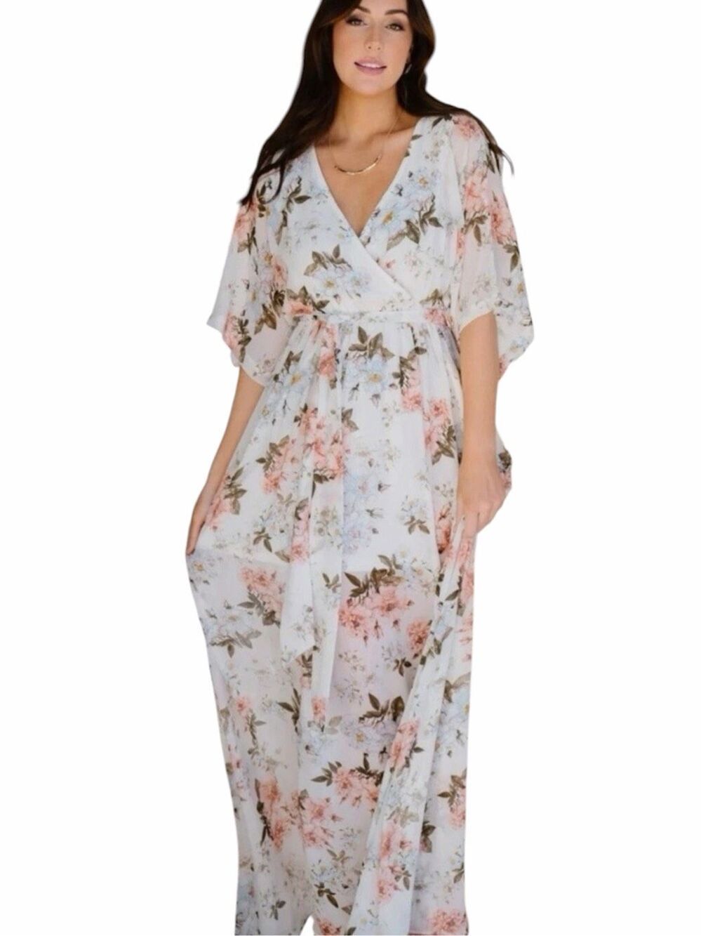 BALTIC BORN Kia Kimono Maxi Dress XXXL Ivory Blue Pink Floral Belted
